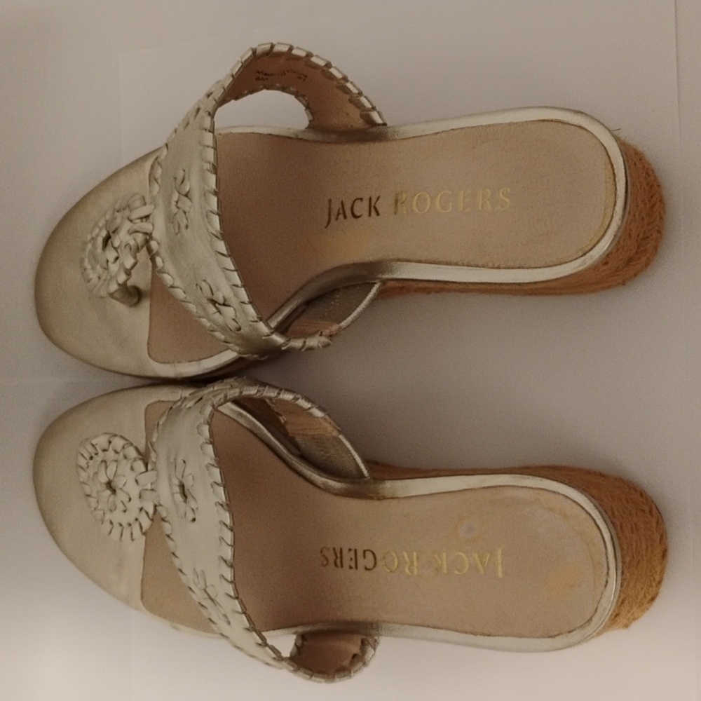 Jack Rogers Sandals Heels Wedge Thong Leather Jute Espadrille Medallion Gold 6 - Picture 9 of 12